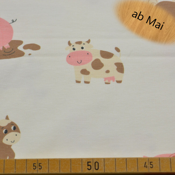 Baumwoll Jersey mit Bauernhof-Motiven – weicher elastischer Jersey Stoff für Kinder- und Babybekleidung mit Tieren