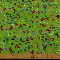 Lebendiger Baumwoll-Cordstoff mit buntem Blumenmuster auf grünem Hintergrund – 145 cm breit, 220 g/m². Lebendiger Baumwoll-Cordstoff mit buntem Blumenmuster auf grünem Hintergrund – 145 cm breit, 220 g/m².