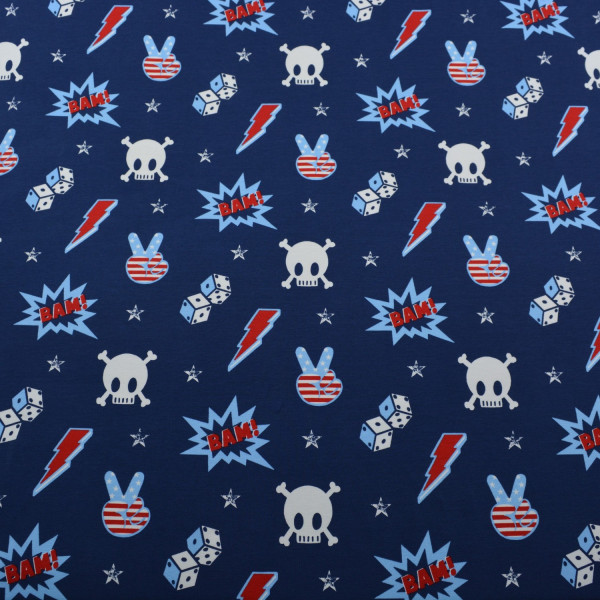 Baumwoll Jersey – Totenkopf, Blitze & Comic-Style auf Dunkelblau | Cooles Design für Kinder & Teens