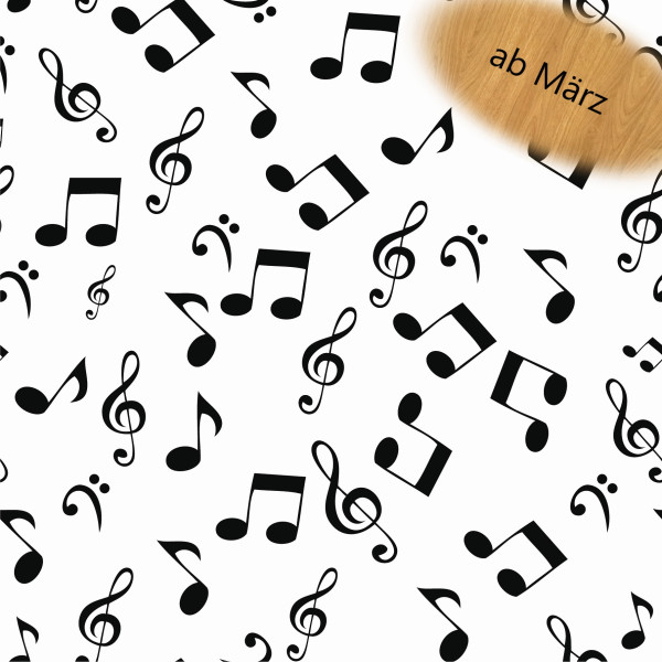 Baumwollstoff mit schwarzen Musiknoten und Violinschlüsseln auf weißem Hintergrund – leichter Webstoff aus 100 % Baumwolle, ca. 110 g/m², ideal für Dekoration, Patchwork, Taschen und kreative Musik-Nähprojekte