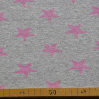 French Terry mit rosa Sternenmuster auf grauem Hintergrund – ideal für vielseitige Nähprojekte. French Terry mit rosa Sternenmuster auf grauem Hintergrund – ideal für vielseitige Nähprojekte.