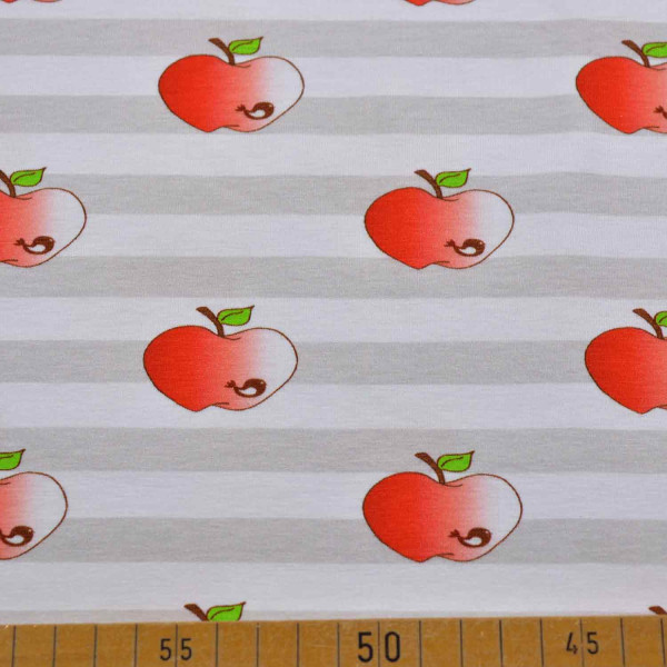Baumwolljersey mit entzückendem Apfel-Muster auf grau-weiß gestreiftem Hintergrund