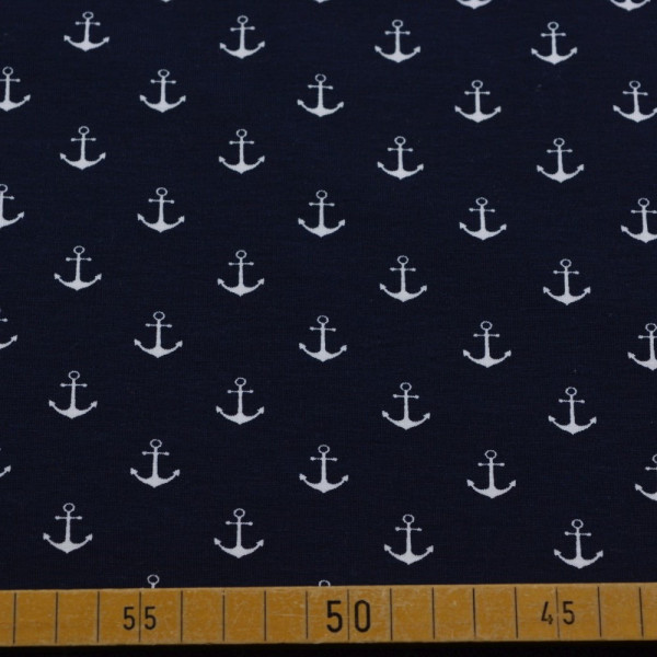 Baumwolljersey mit kleinen weißen Ankern | 95% Baumwolle – 150 cm breit, 200 g/m²