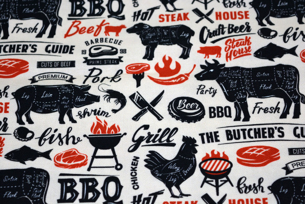 Glünz GmbH, Baumwolle, BBQ Deluxe - O103, schweine, rinder, kuh, huhn, schafe, fische, grill, bbq, barbecue, grillparty, butcher, craf