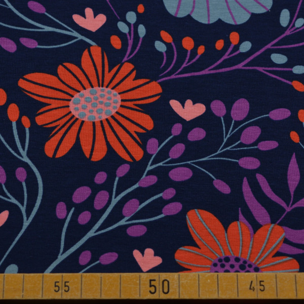 Baumwoll-Jersey – Blumenmuster bunt auf Dunkelblau, elastisch, Ökotex Standard 100