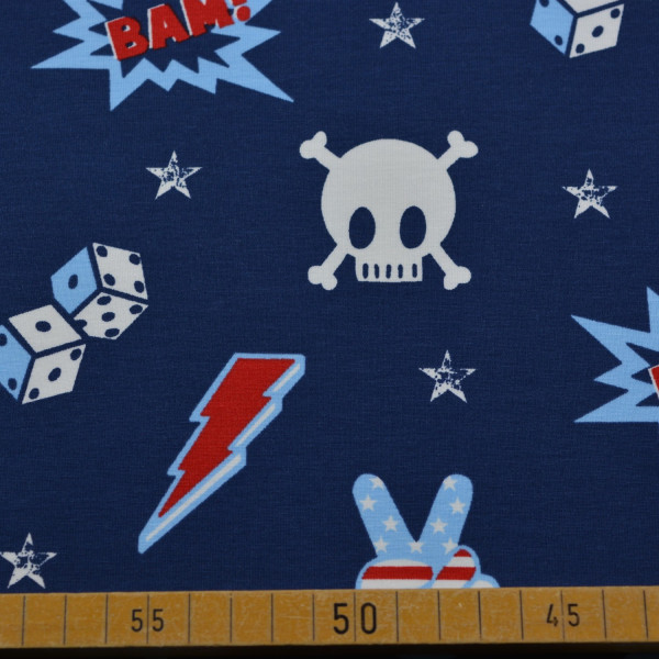 Baumwoll Jersey – Totenkopf, Blitze & Comic-Style auf Dunkelblau | Cooles Design für Kinder & Teens