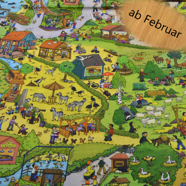 Bunt bedruckter Baumwollstoff mit Wimmelbuch-Motiv aus dem Tierpark Nordhorn – detailreiche Tier- und Landschaftsszenerie, 100% Baumwolle, 130 g/m², 150 cm Breite – ideal für Kinderkleidung, Patchwork und kreative Dekoideen