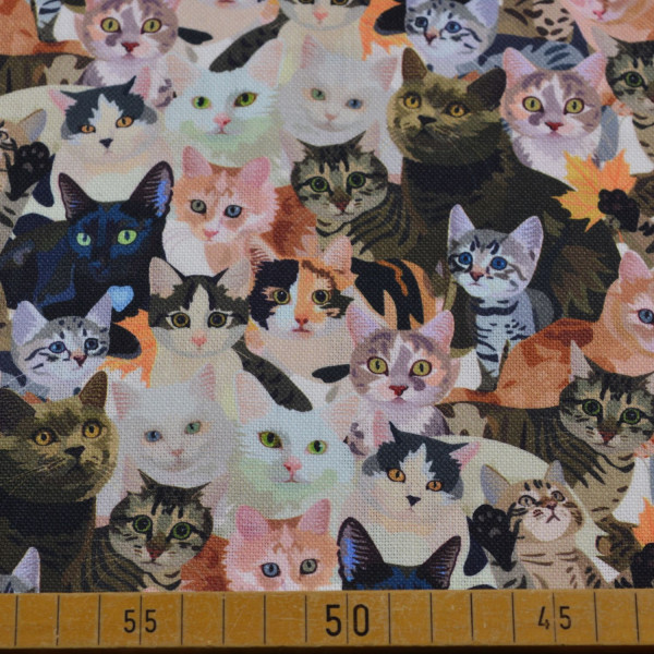 Dekostoff Katzen bunt | Collage aus Katzenmotiven, 100% Baumwolle, 200 g/m², 140 cm breit