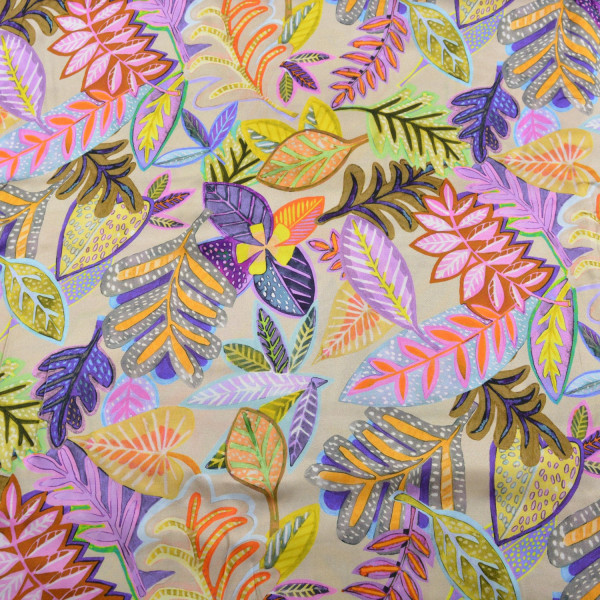 Viskose Rayon – 51% Viskose, 49% Rayon – Farbiges Blättermuster auf neutralem Hintergrund – 132 cm breit, 200 g/m²