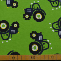 Baumwolljersey Traktor auf Grün | Kinderstoff elastisch & bequem Baumwolljersey Traktor auf Grün | Kinderstoff elastisch & bequem