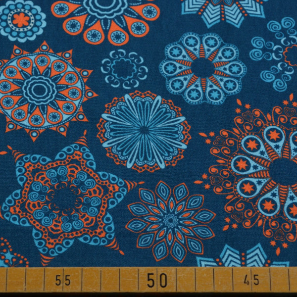 Sweatstoff mit Mandala Muster in Petrol & Orange | 280 g/m², weich & warm – 150 cm breit