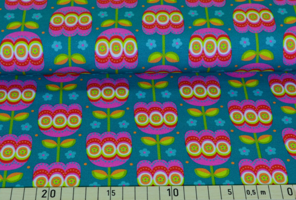 Baumwoll - Jersey Druck "Mandala Blume (türkis)" - D196