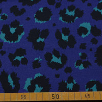 French Terry angeraut – 92% Baumwolle, 8% Elasthan – Leopardenmuster in Schwarz und Türkis auf Blau – 150 cm breit, 250 g/m² French Terry angeraut – 92% Baumwolle, 8% Elasthan – Leopardenmuster in Schwarz und Türkis auf Blau – 150 cm breit, 250 g/m²