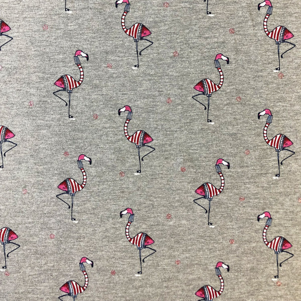 Glünz GmbH Baumwoll Jersey, Cold Flamingo P108, grau, grey, pink, rosa, glitter, glitzer, flamingo, pullover, rollkragen, frost, kalt, cold