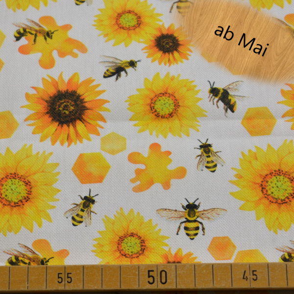 Dekostoff aus 100 % Baumwolle mit Sonnenblumen- und Bienenmotiv – fein gewebte Baumwoll-Webware mit ca. 120 g/m² und 145 cm Breite für Dekoration, Taschen und kreative Nähprojekte