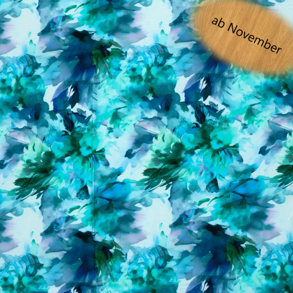 Viskose Jersey – Aquarell-Blumen in Türkis & Blau, 95 % Viskose, 5 % Elasthan, 150 cm, 210 g/m²