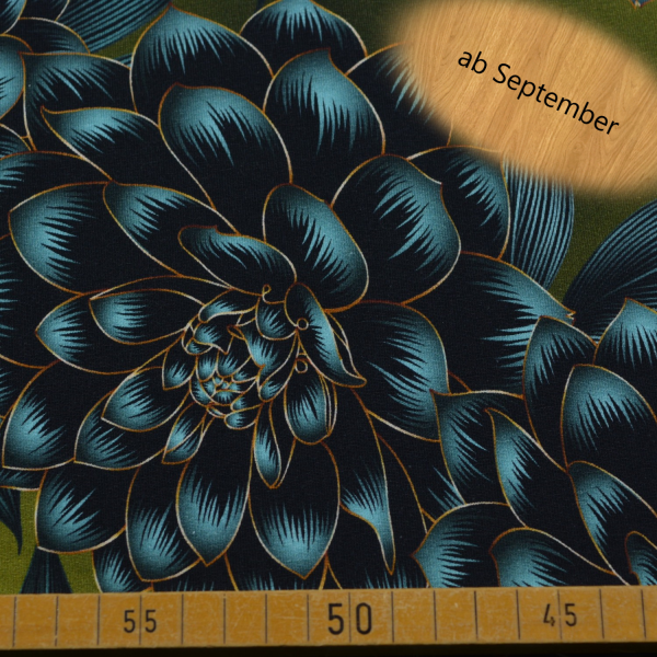 French Terry mit blau-olivfarbenem Blumenmuster | 92% Baumwolle – 150 cm breit, 250 g/m²
