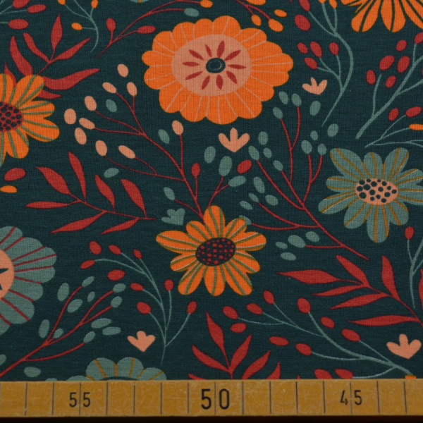 Baumwoll-Jersey – Blumenmuster in warmen Farben, elastisch, Ökotex Standard 100