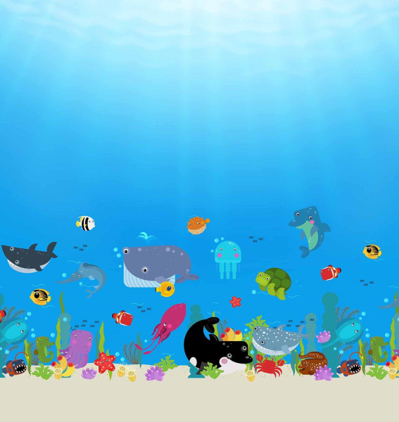 Glünz GmbH, Baumwoll Jersey, Fiete A706, Kind, Kinder, child, children, azur, blau, blue, panel, fisch, fish, ozean, meer, ocean, coral, koralle, hai, shark, wal, whale, schildkröte, turtle, starfisch, seestern