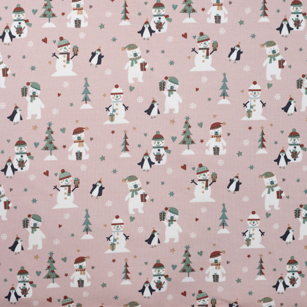 Baumwoll Jersey mit Schneemännern, Pinguinen und Weihnachtsbäumen – 150 cm Breite, 200 g/m²