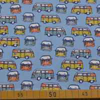 Baumwollstoff VW-Bus bunt – hellblau | 100% Baumwolle, 145–150 cm breit, 110 g/m² Baumwollstoff VW-Bus bunt – hellblau | 100% Baumwolle, 145–150 cm breit, 110 g/m²