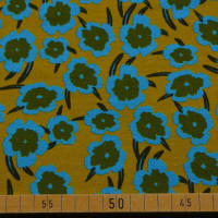 French Terry mit Blumenprint in Blau und Grün auf Senfgelb – elastischer Sweatstoff für Hoodies und Kleidung. French Terry mit Blumenprint in Blau und Grün auf Senfgelb – elastischer Sweatstoff für Hoodies und Kleidung.
