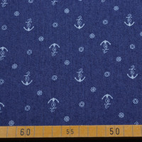 Jeansstoff mit Ankern und maritimen Mustern auf dunkelblau - 145 cm Breite, 195 g/m² Jeansstoff mit Ankern und maritimen Mustern auf dunkelblau - 145 cm Breite, 195 g/m²