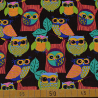 Farbenfroher Baumwoll-Cordstoff – Eulendesign auf schwarzem Hintergrund – 145 cm breit, 220 g/m² Farbenfroher Baumwoll-Cordstoff – Eulendesign auf schwarzem Hintergrund – 145 cm breit, 220 g/m²