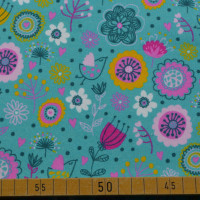 Floraler Sweatstoff in Türkis mit buntem Blumenmuster Floraler Sweatstoff in Türkis mit buntem Blumenmuster